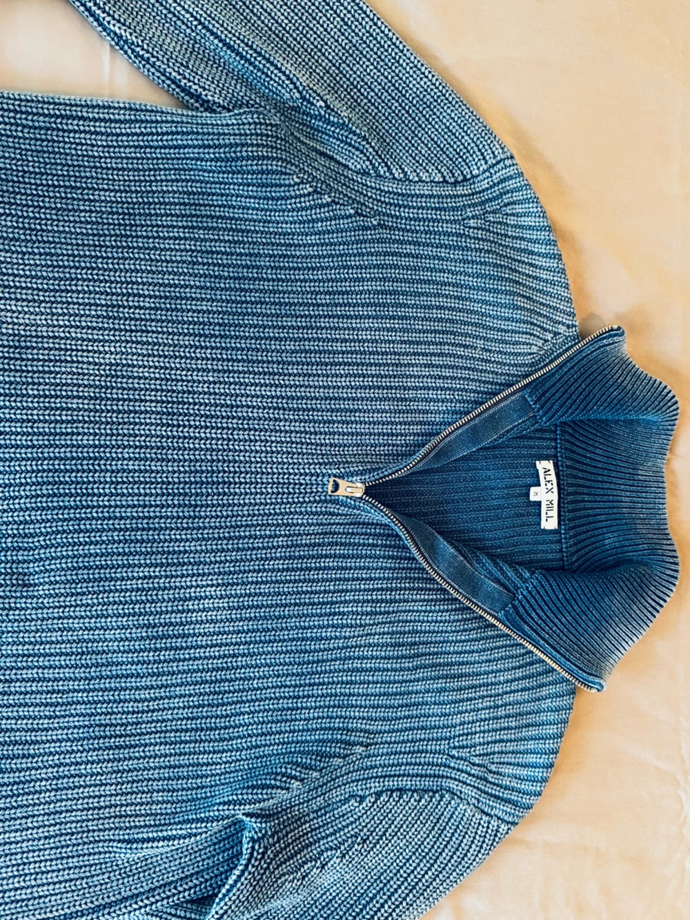 ALEX MILL Unisex Chunky Cotton Yarn Crosby Blue Ribbed Half-Zip Pullover Sweater - Picture 8 of 16